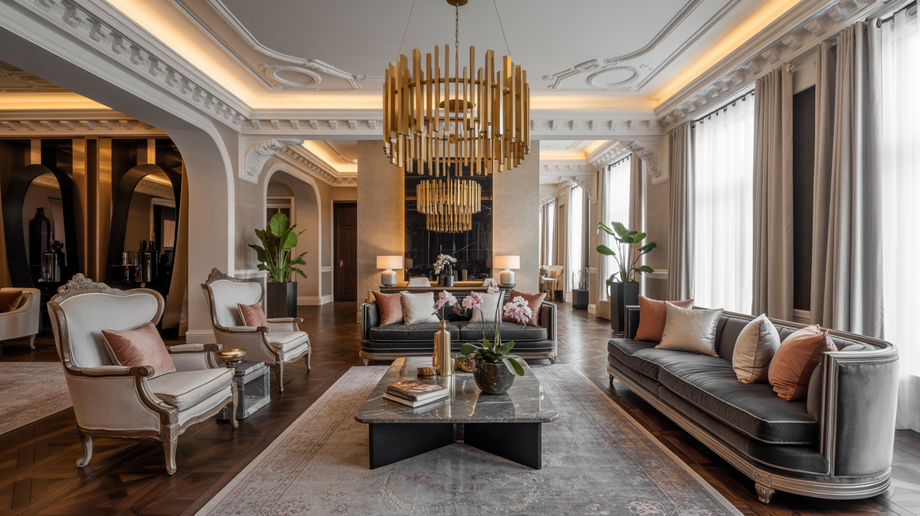 Chic luxury living room with contemporary furnishings, ambient lighting, and tasteful decor elements for an upscale feel.