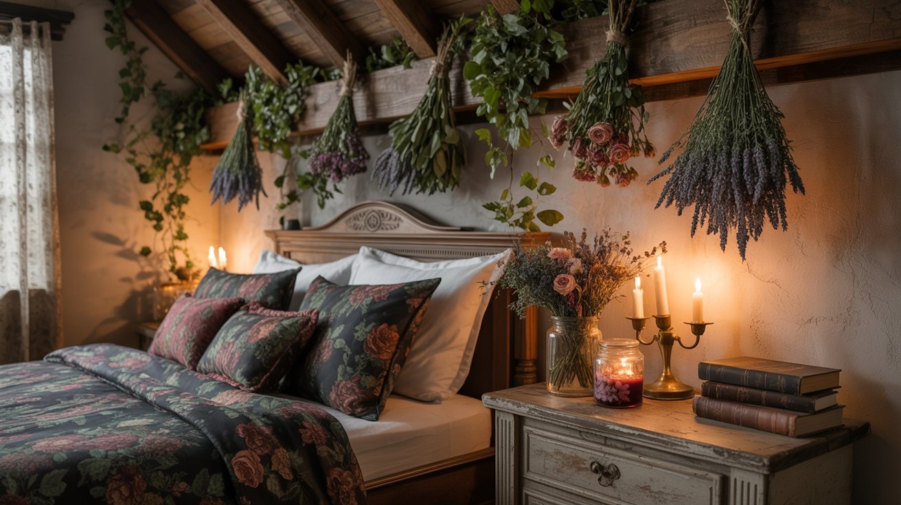 A cozy bedroom featuring a neatly made bed, lit candles, and a vase of fresh flowers on a bedside table.