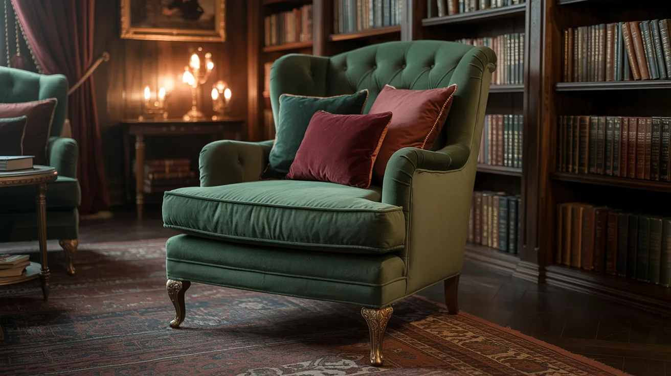 A green chair positioned in front of a wooden bookcase filled with various books.
