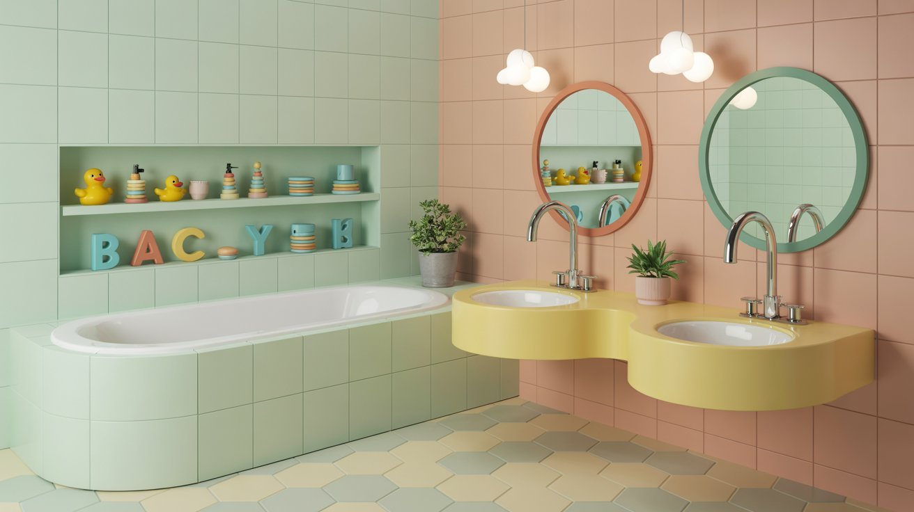 A bathroom featuring a vibrant pink and yellow tiled floor, creating a cheerful and colorful atmosphere.