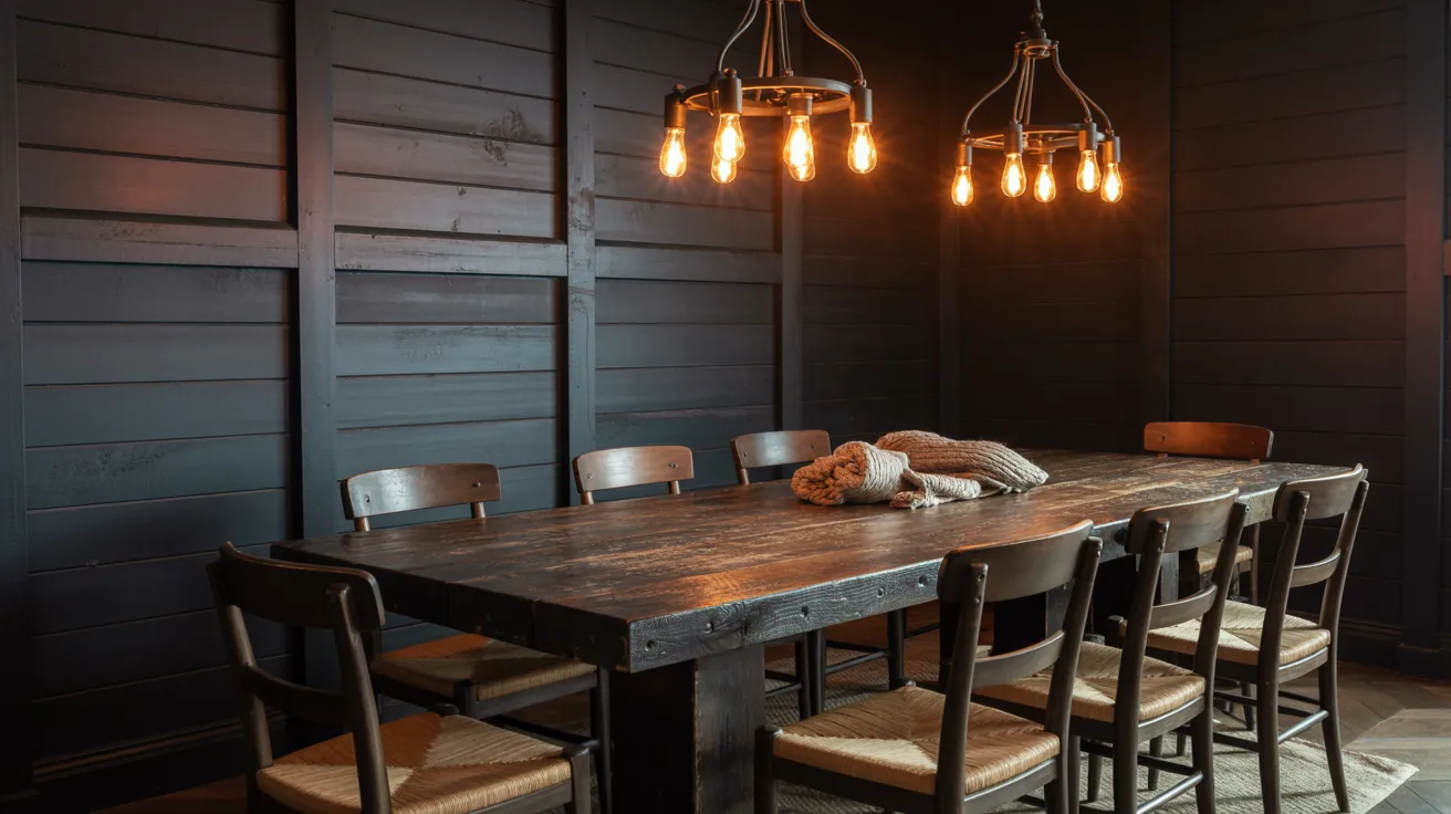 A cozy dining room featuring wooden walls and matching wooden chairs, creating a warm and inviting atmosphere.