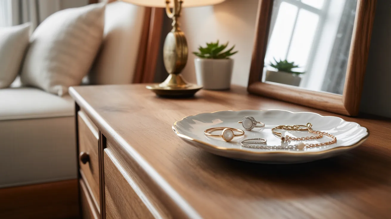 A white bowl with jewelry rests on a dresser, showcasing elegant accessories.