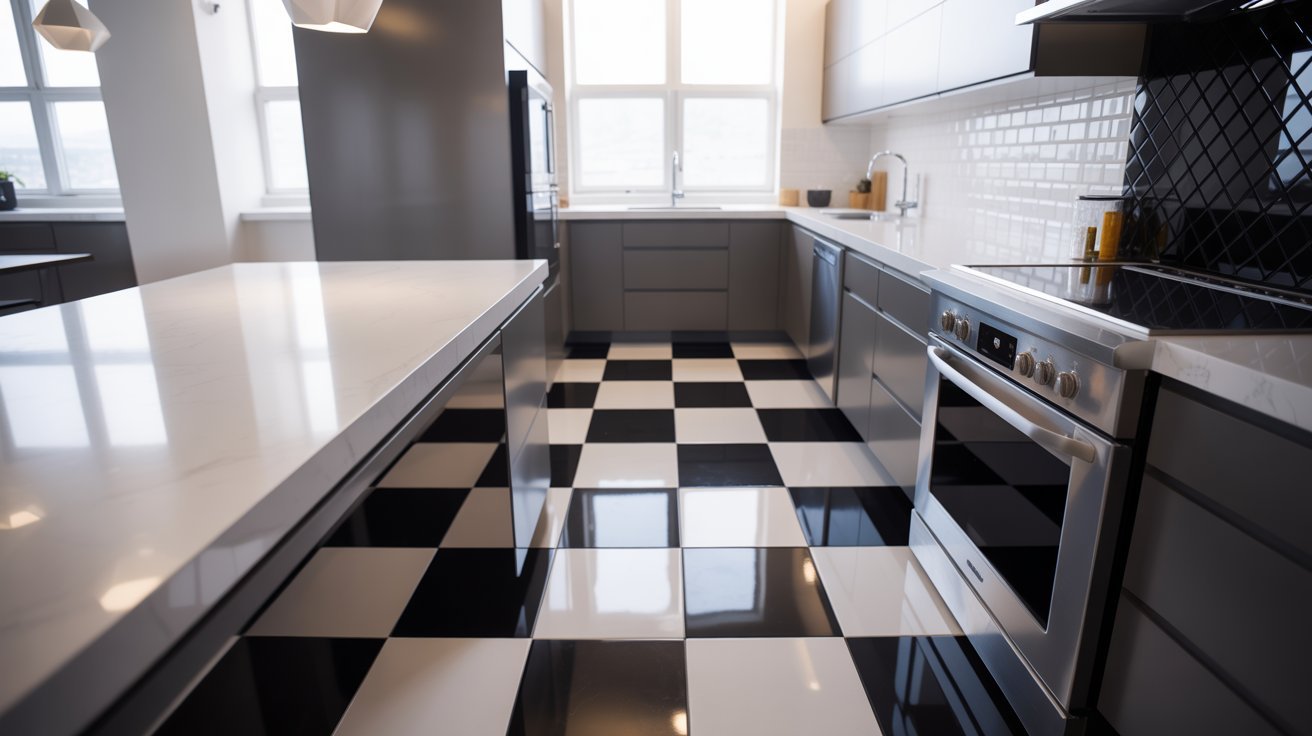 A kitchen featuring a classic black and white checkered floor, creating a stylish and timeless atmosphere.