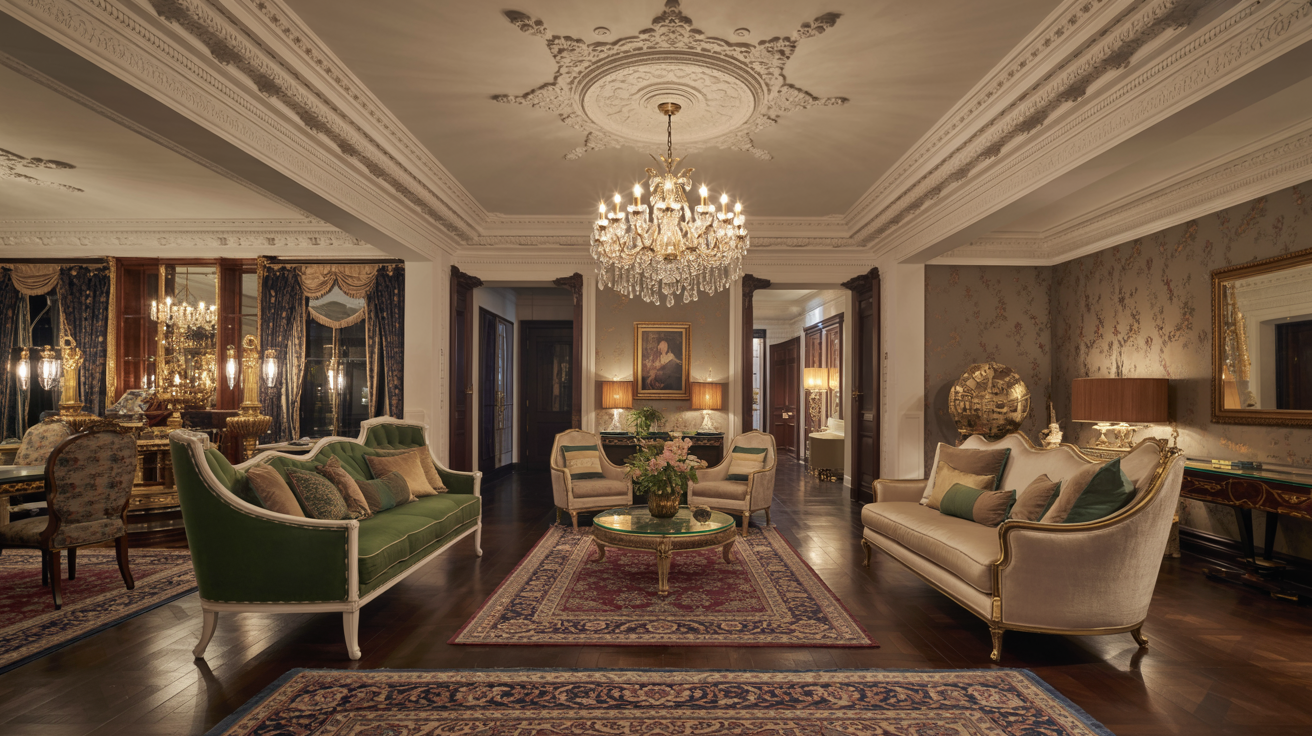  A traditional-style living room featuring classic furniture and decor elements, creating a warm and inviting atmosphere.