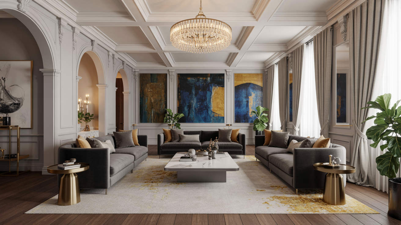 Elegant luxury living room showcasing modern furniture, rich textures, and sophisticated decor ideas for a stylish interior.