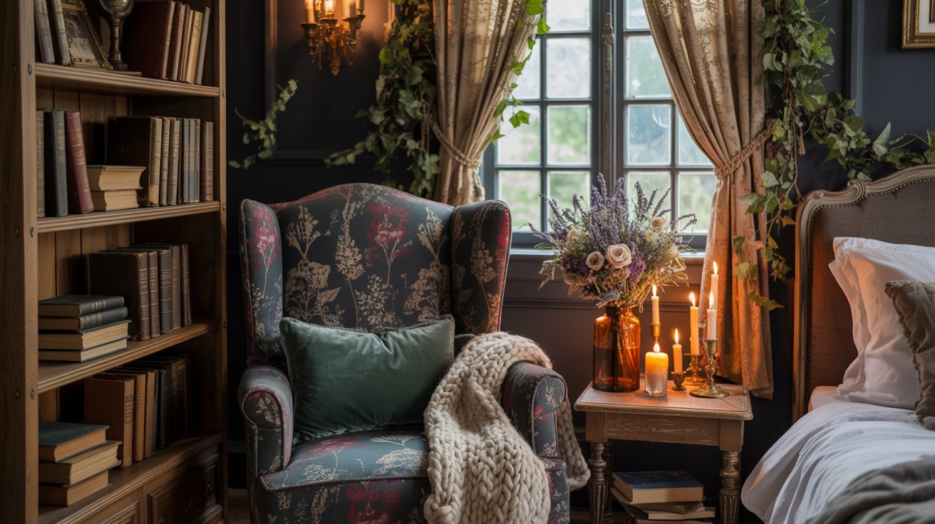  A cozy bedroom featuring a chair, a stack of books, and softly glowing candles on a bedside table.
