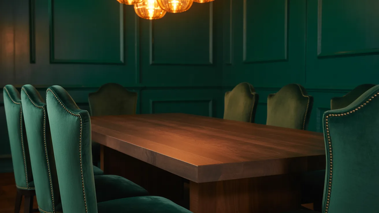 A dining room featuring green walls and matching green chairs, creating a cohesive and inviting atmosphere.