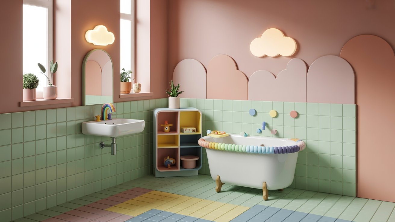 A vibrant bathroom featuring colorful walls and a uniquely designed colorful bathtub.