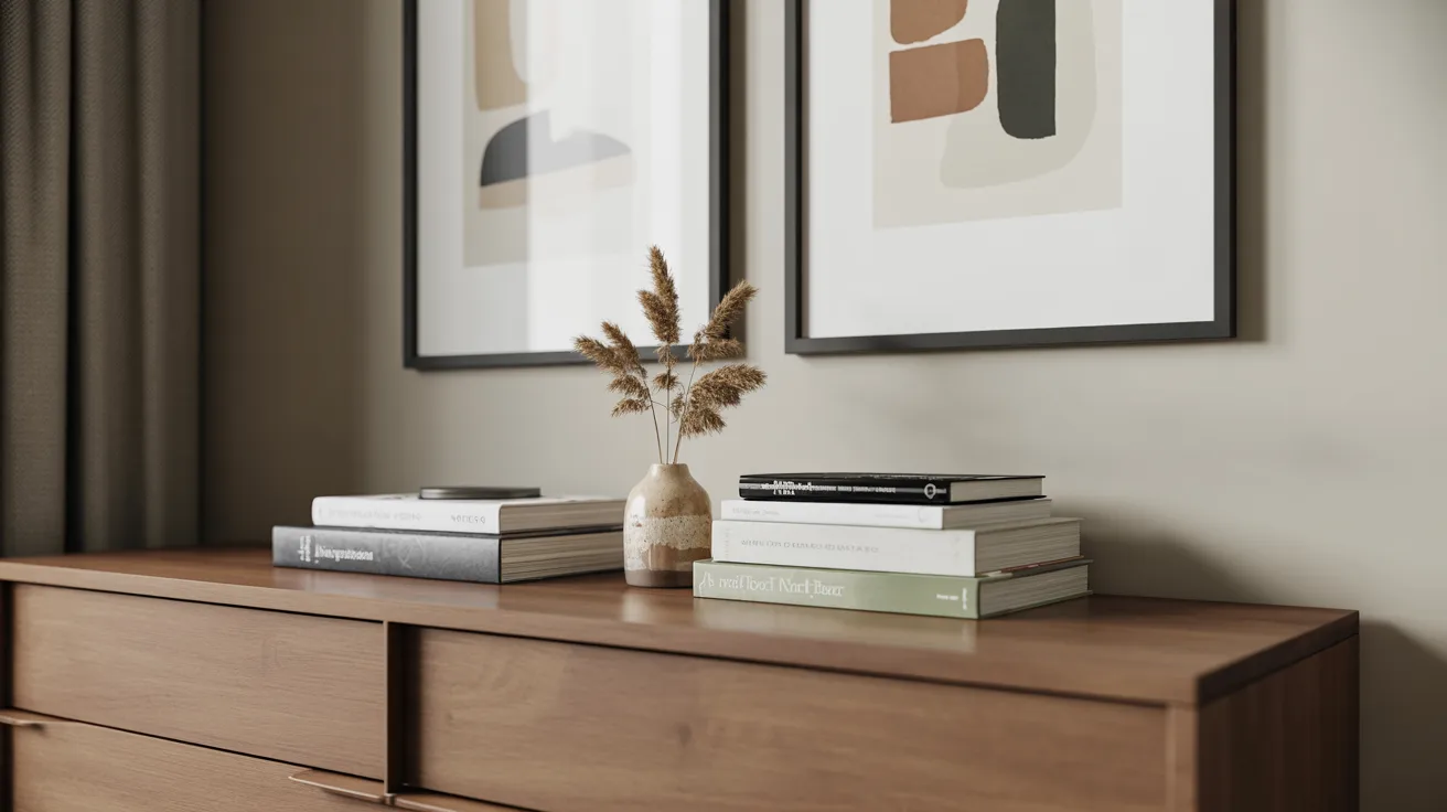 A wooden dresser adorned with various books and potted plants, creating a cozy and inviting atmosphere.