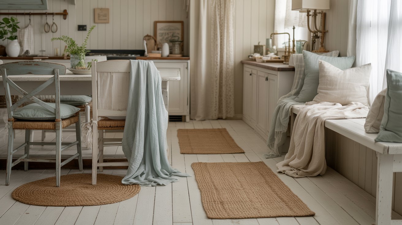A bright white kitchen featuring a wooden floor and a cozy window seat for relaxation and natural light.