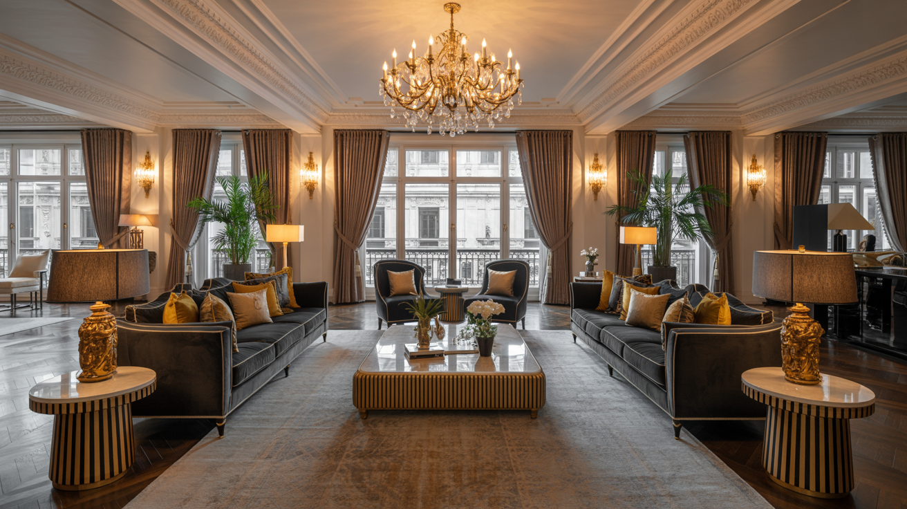 A cozy living room featuring couches, chairs, and an elegant chandelier hanging from the ceiling.