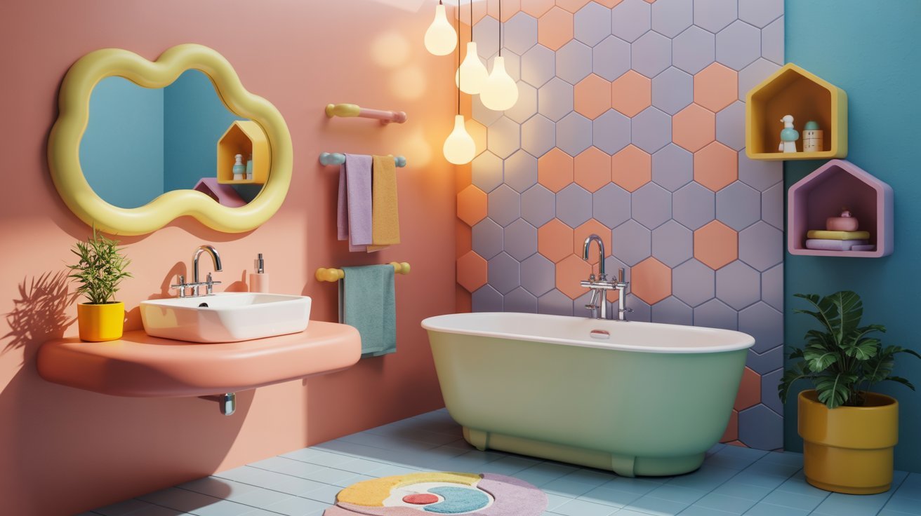 A vibrant bathroom featuring a pink bathtub and blue walls, creating a cheerful and inviting atmosphere.