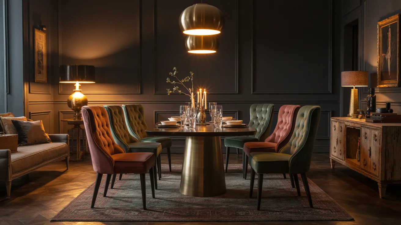 A dining room featuring dark walls and a round table, creating an intimate and elegant atmosphere.