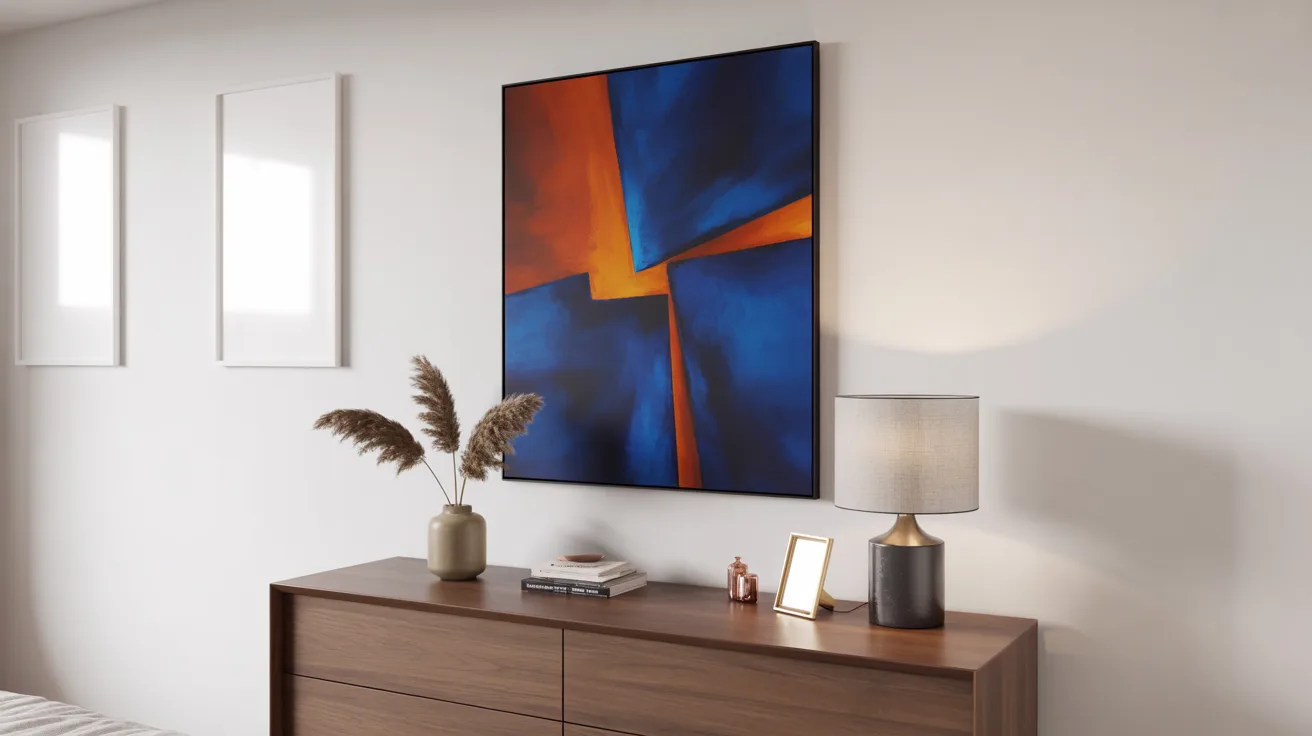A cozy bedroom featuring a bed, a nightstand, and a decorative painting on the wall.