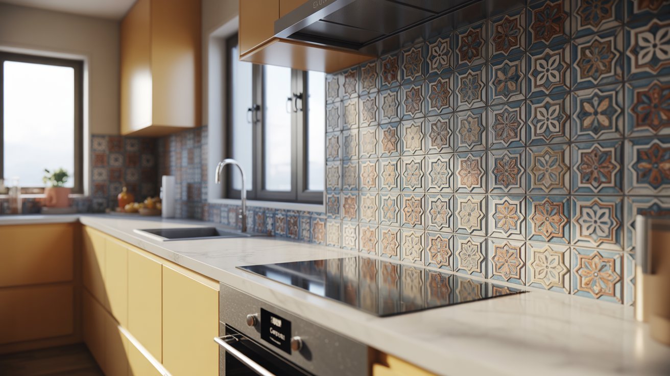 A kitchen featuring a wall adorned with yellow and brown tiles, creating a warm and inviting atmosphere.