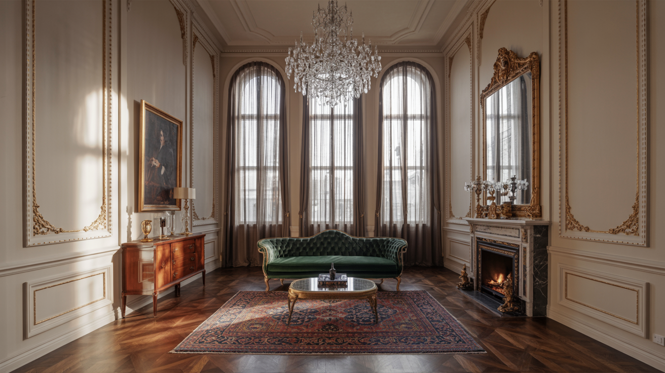 A stylish room featuring a chandelier, a plush couch, and a decorative rug on the floor.