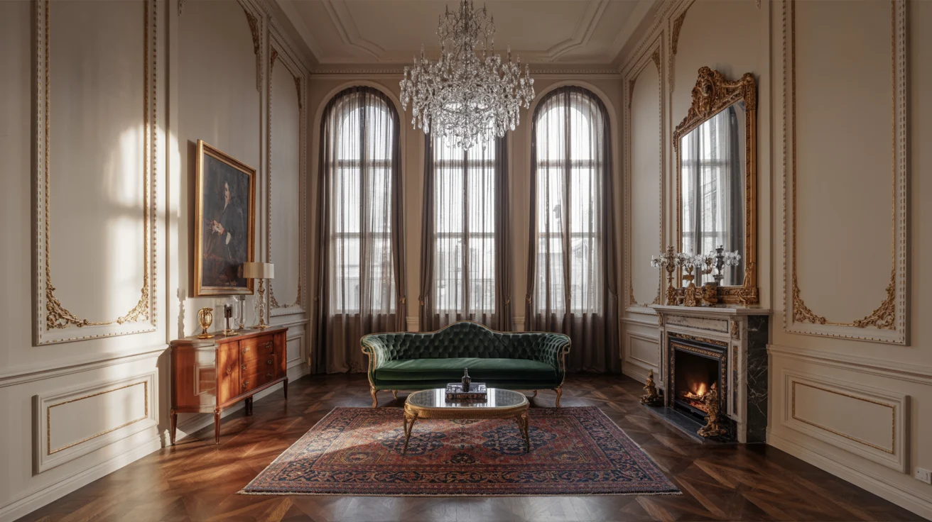 A stylish room featuring a chandelier, a plush couch, and a decorative rug on the floor.
