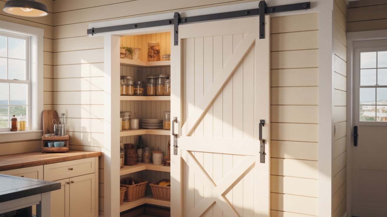 A kitchen with a sliding barn door ajar, providing a glimpse into a stylish and functional culinary space.

