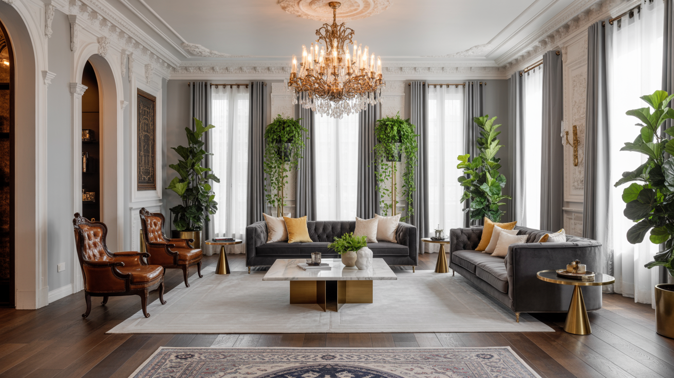  A modern living room with a sparkling chandelier and a soft rug, enhancing the room's comfort and elegance.