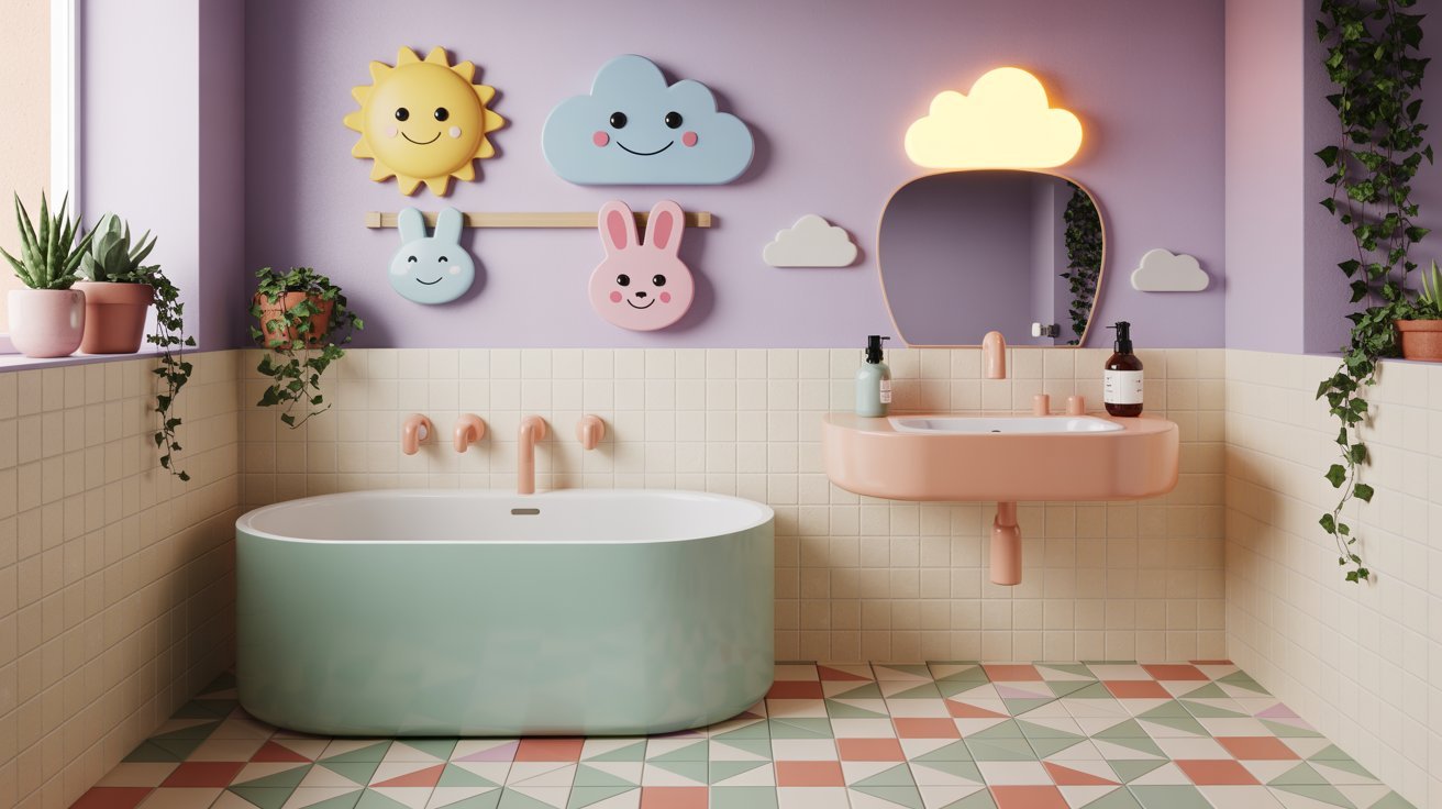 A bathroom featuring pink walls and a green bathtub, creating a vibrant and colorful atmosphere.