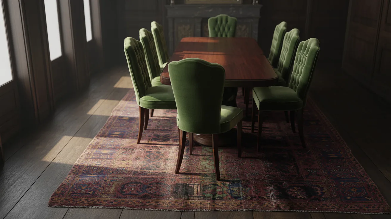 A dining room featuring green chairs surrounding a wooden table, creating a cozy and inviting atmosphere.