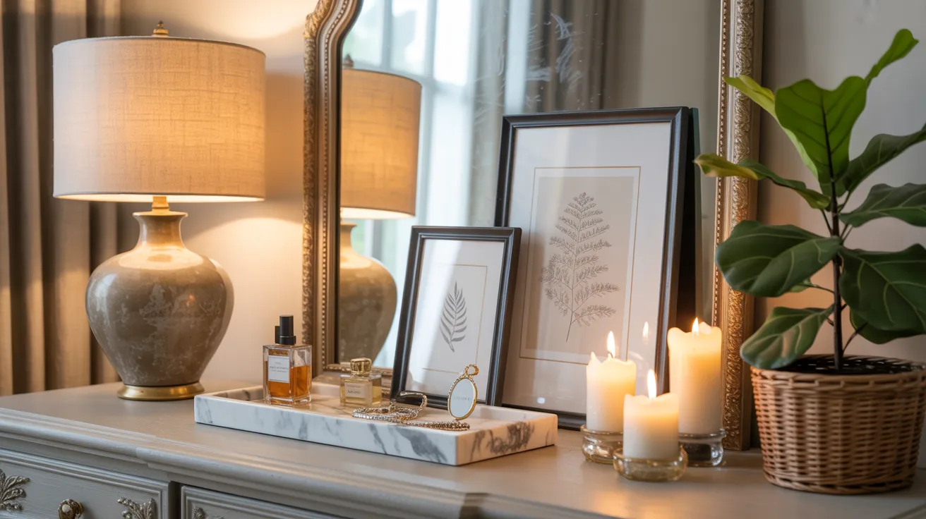 A dresser displaying a mirror, a lamp, and a collection of pictures in frames on top.