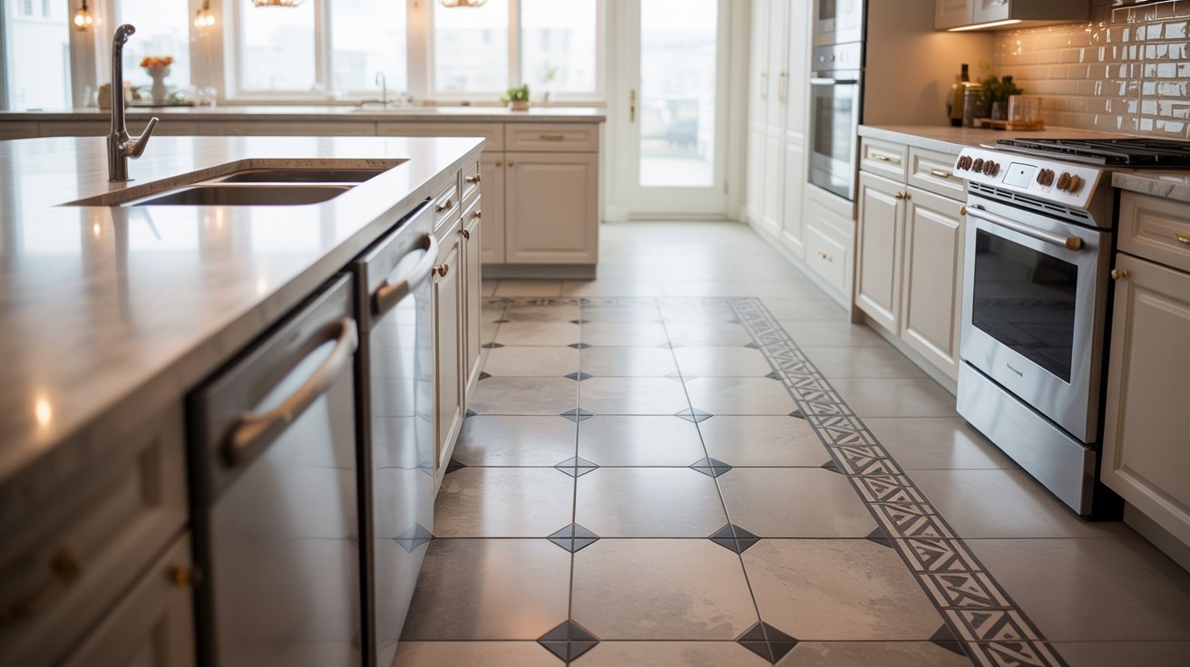 A contemporary kitchen with a sleek white countertop and a patterned black and white tile floor.
