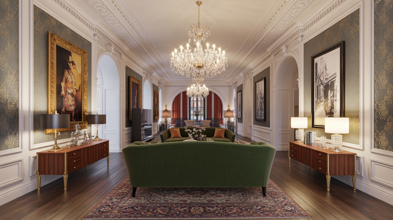  A long hallway featuring an elegant chandelier and a stylish couch along one side.