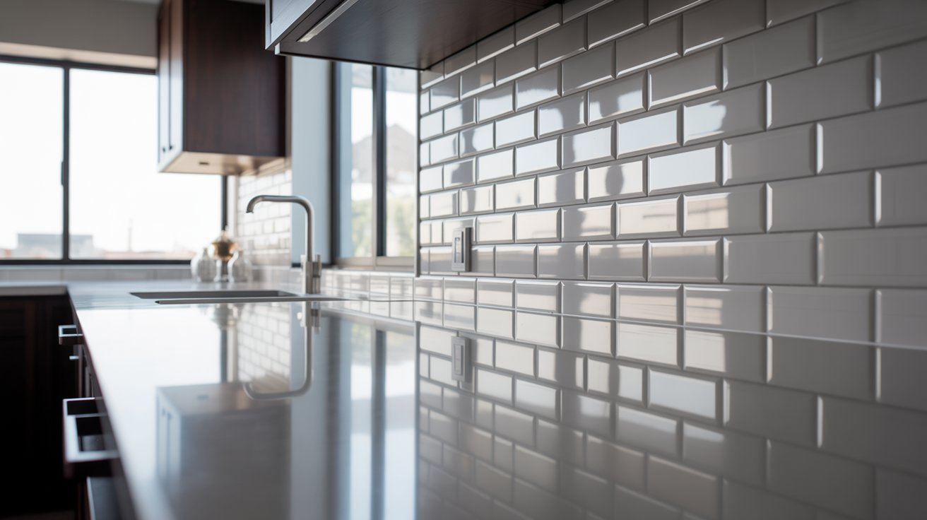 A modern kitchen featuring a white subway tile backsplash, enhancing the clean and bright aesthetic of the space.