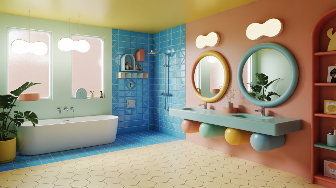 A lively bathroom scene with a colorful tub, sink, and mirror, highlighting a fresh and contemporary design aesthetic.
