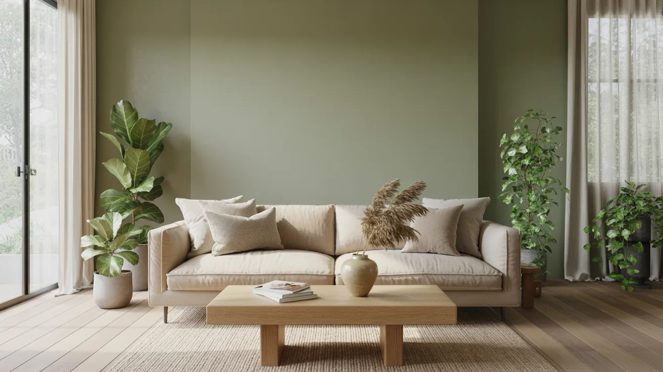 A cozy living room with a beige sofa, green wall, and wooden coffee table. Plants flank the sofa, and sunlight streams through a glass door and curtains, creating a serene atmosphere.