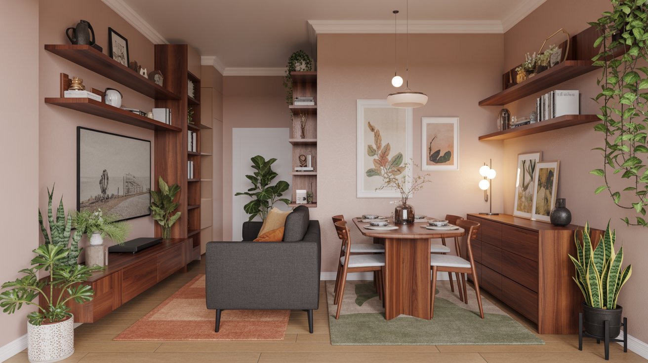 A modern apartment featuring vibrant orange walls complemented by stylish green accents throughout the space.