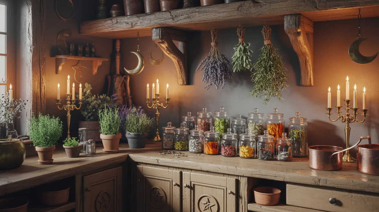 A cozy kitchen featuring jars of herbs on shelves and softly glowing candles on the countertop.