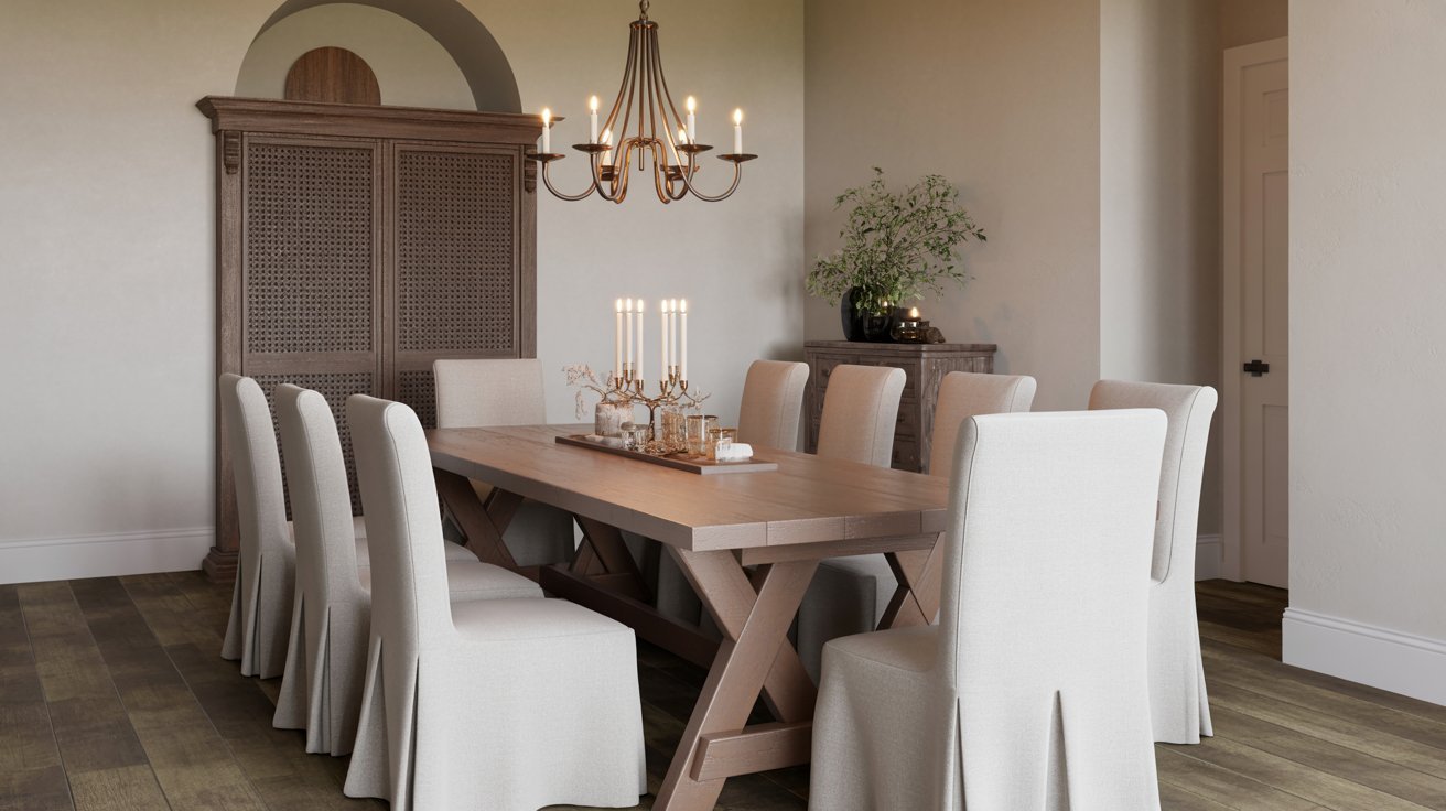 A dining room featuring a table with chairs and an elegant chandelier hanging above.