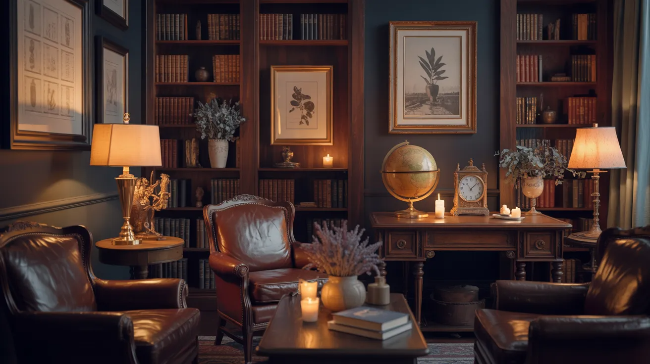 A cozy hotel bar featuring a well-stocked library with shelves of books and comfortable seating for guests.
