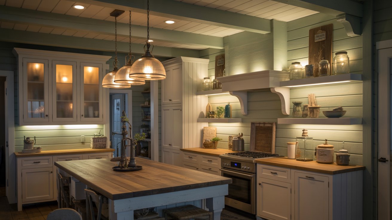 A modern kitchen featuring a wooden island and stylish overhead lights illuminating the space.
