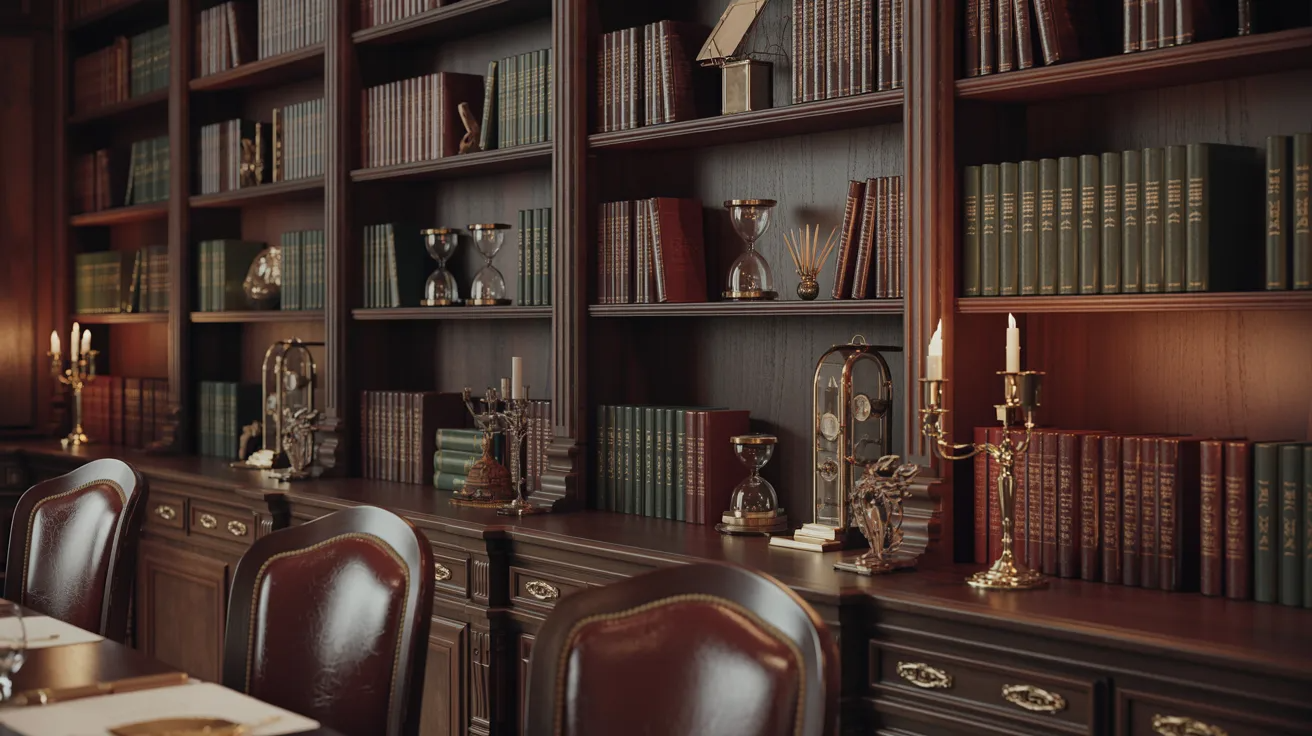 A dining room featuring a long table surrounded by chairs and a bookshelf filled with books against the wall.