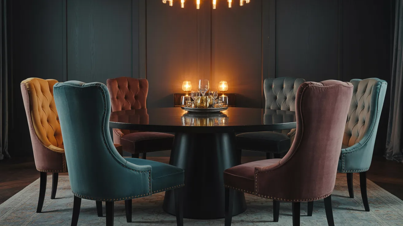 A dining room featuring a round table surrounded by several chairs, creating an inviting atmosphere for meals.