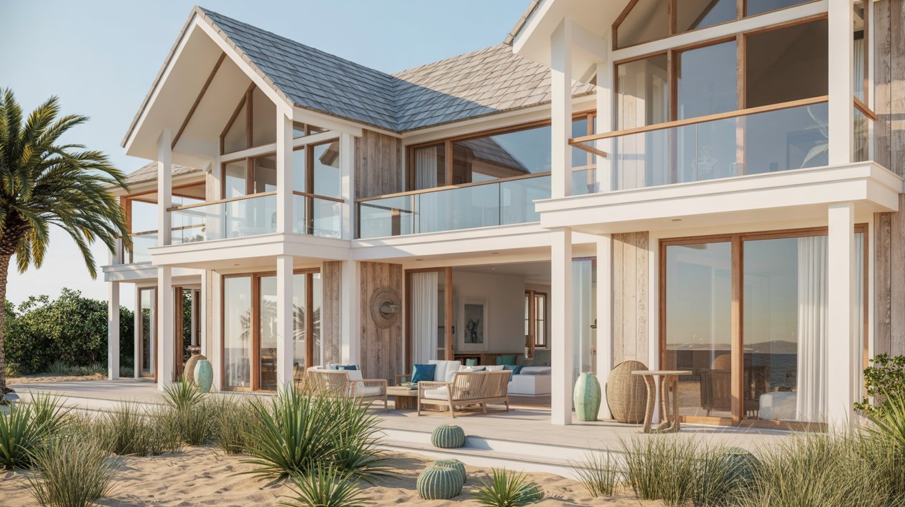A beach house featuring a spacious deck surrounded by palm trees under a clear blue sky.
