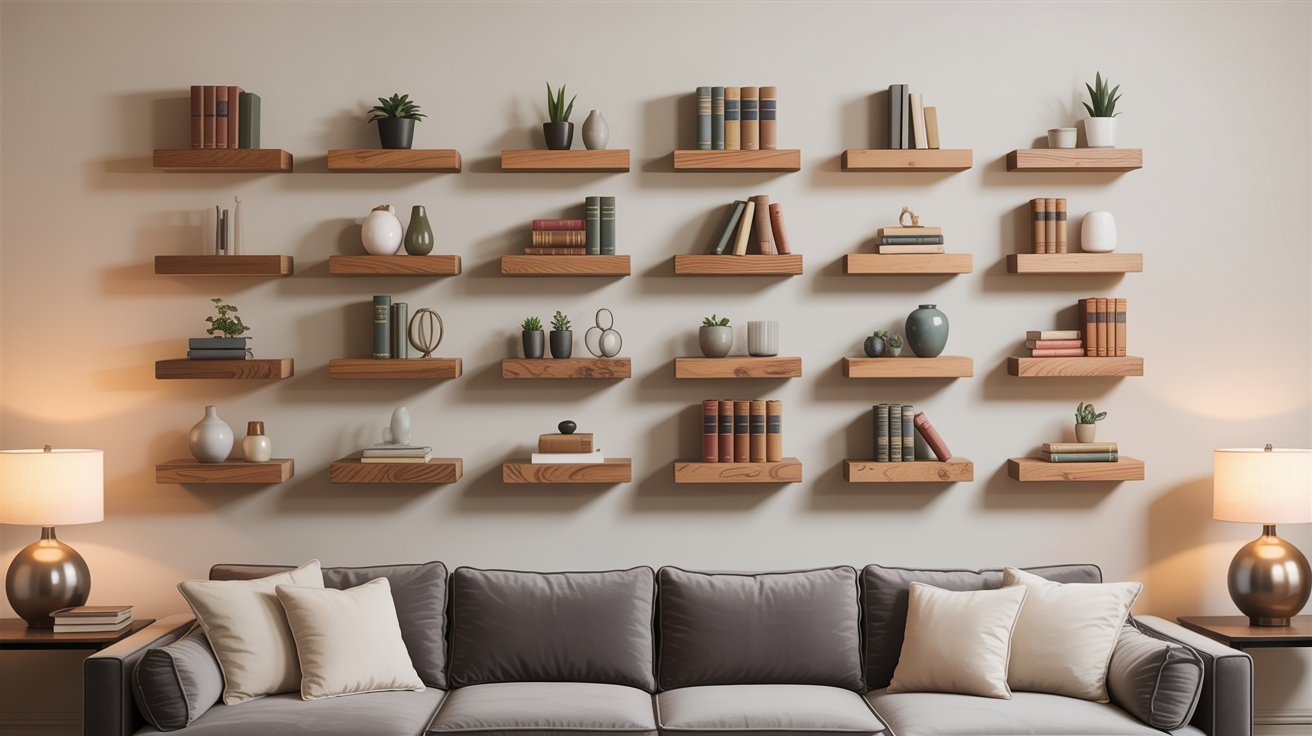 A stylish couch set against a wall, accompanied by bookshelves lined with books and decorative items.