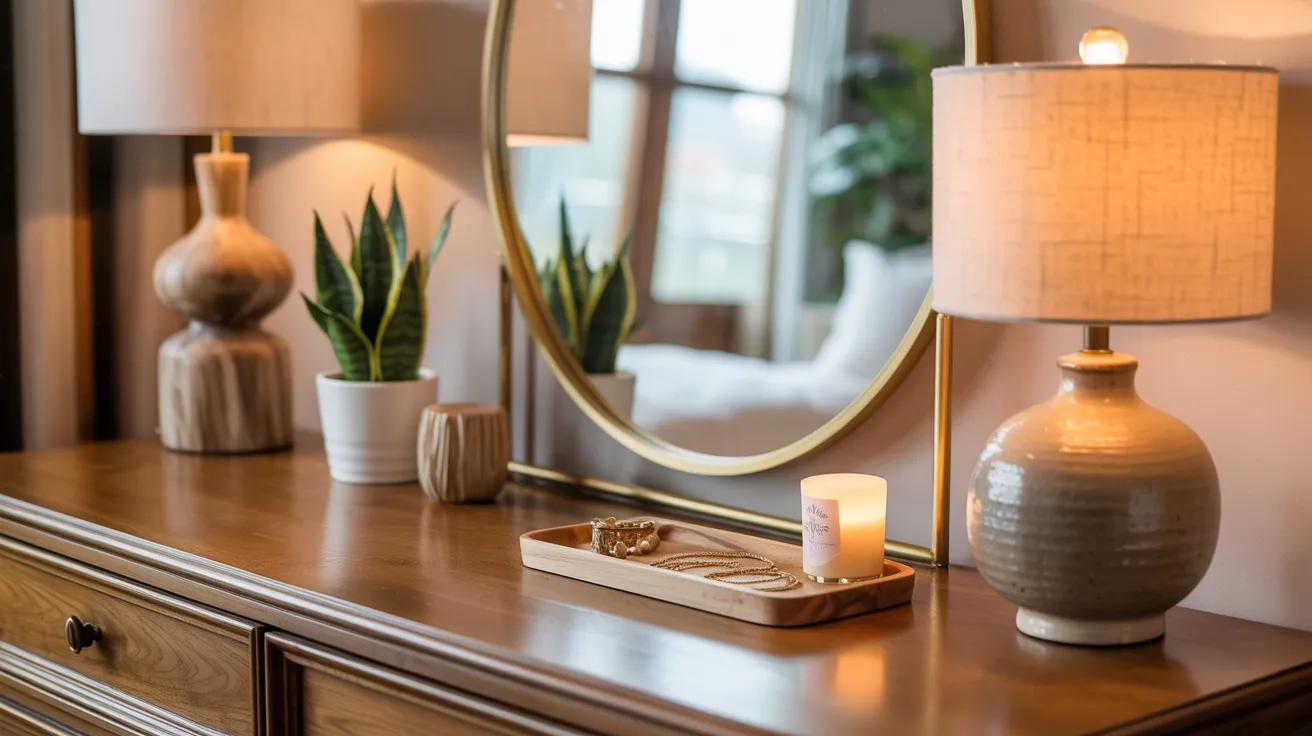 A table displaying two lamps alongside a mirror, creating a cozy atmosphere.