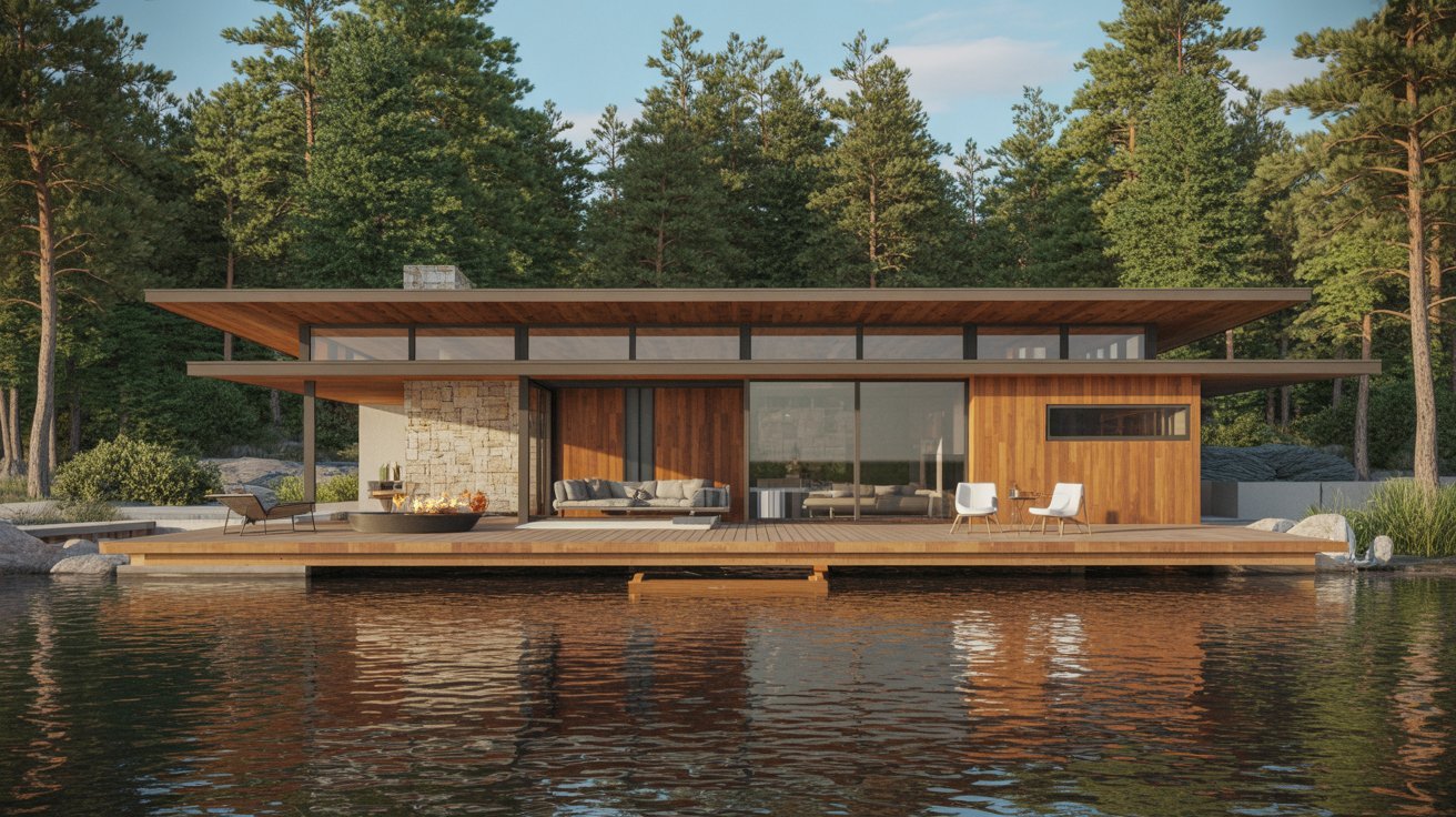 A contemporary house by the water featuring a spacious deck for outdoor relaxation and scenic views.
