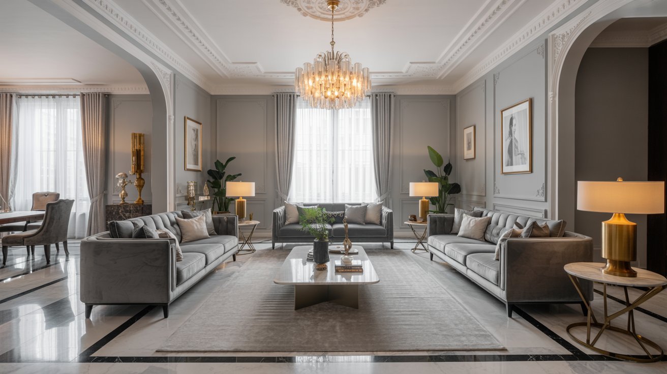  A sophisticated living room with a decorative chandelier and a luxurious marble floor.