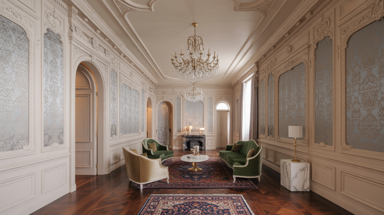  A hallway featuring an elegant chandelier hanging from the ceiling and a decorative rug on the floor.