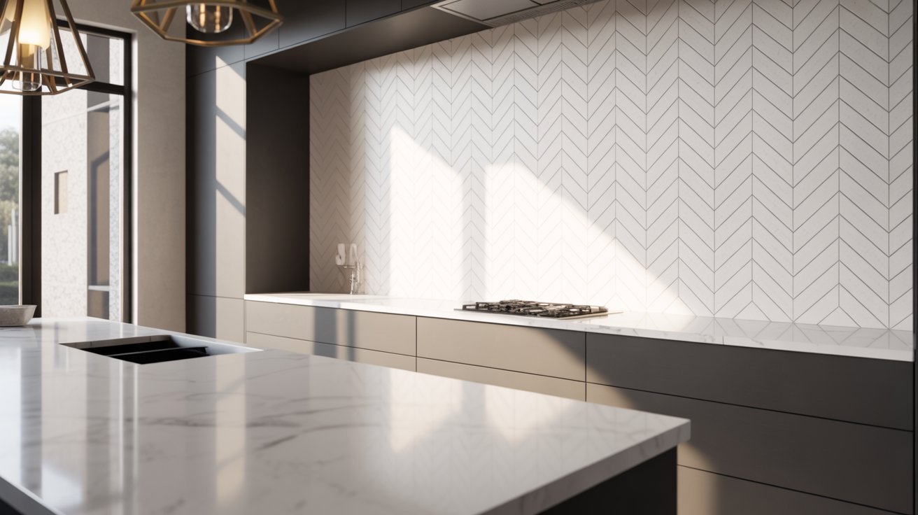 A sleek modern kitchen featuring elegant white marble countertops and contemporary cabinetry.