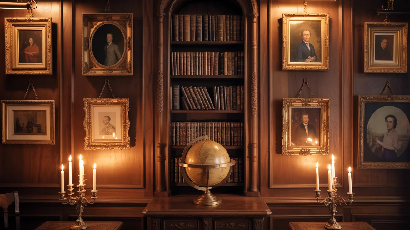 A cozy room featuring a tall bookcase filled with books and a stylish lamp illuminating the space.