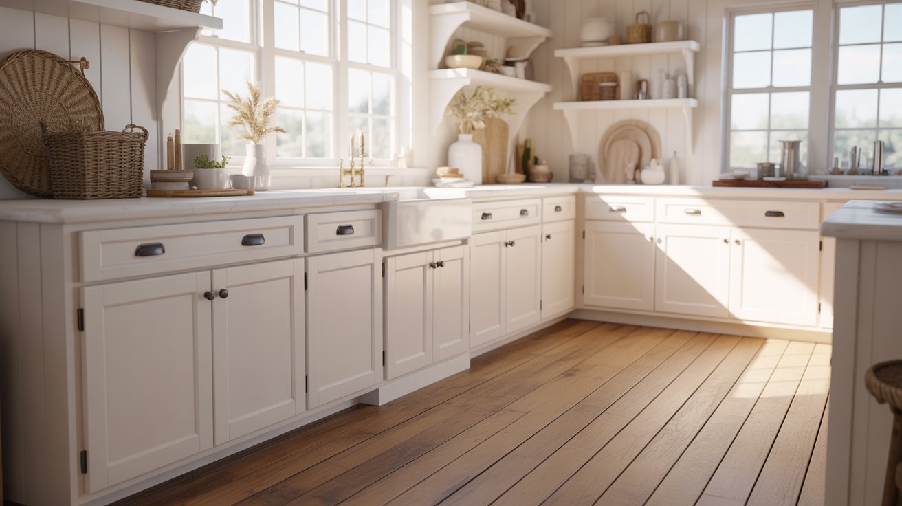 A modern kitchen with white cabinets and warm wooden floors, offering a stylish and airy cooking space.