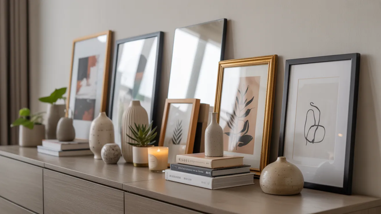 A shelf displaying several framed pictures alongside decorative vases.