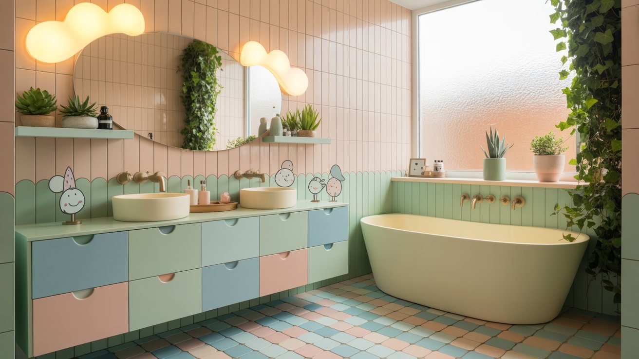  A bathroom featuring pink and blue tiles, with a white bathtub positioned against the wall.
