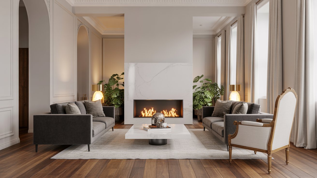 A stylish living room with a fireplace, two inviting couches, and decorative elements creating a warm, relaxing space.